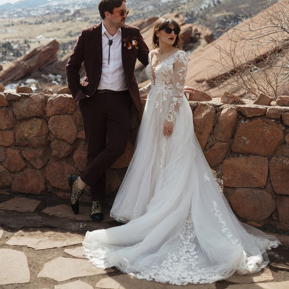 Calla Blanche Wyatt Boho Sexy Wedding Dress Plunging Neck and back - Long Sleeve